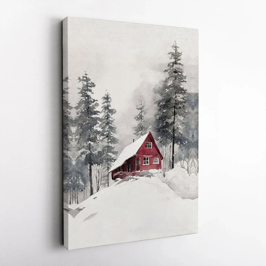 Watercolor Red Cabin Canvas Art | Snowy Pine Forest Landscape | 1.25-Inch Premium Gallery Wrap | Cozy Winter Wall Decor for Nature Lovers