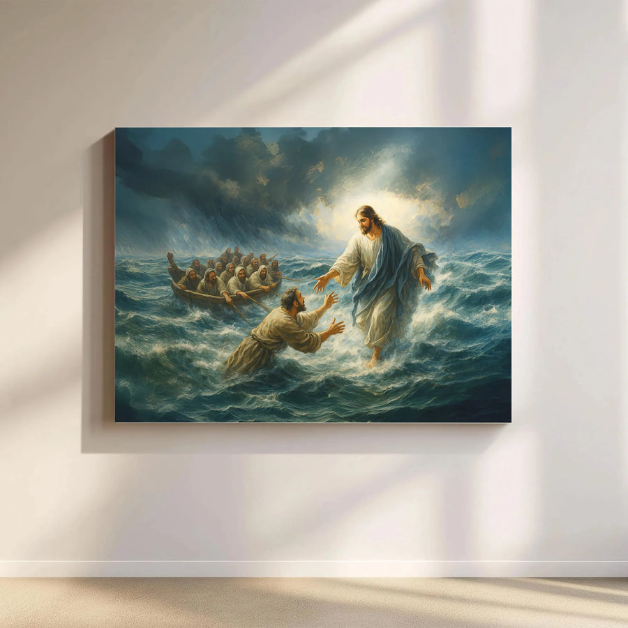 Jesus Walking on Water Canvas Print | Jesus Saving Peter in Stormy Sea | Premium Christian Wall Art | Inspirational Faith Home Decor Gift