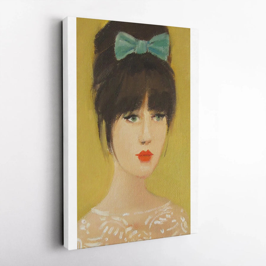 Vintage Woman Portrait Vertical Canvas | Retro 60s Style Art Print with Teal Bow | Premium Gallery Wrapped Canvas | Modern Living Room Decor Gift