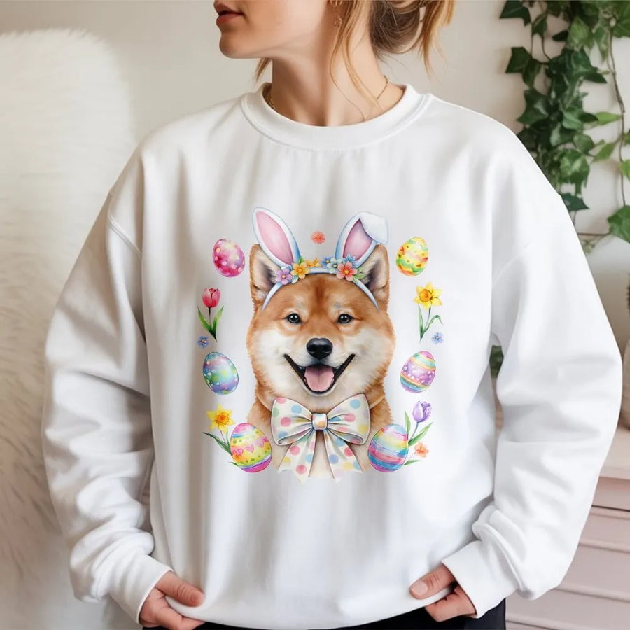 Easter Shiba Inu Sweatshirt | Cute Dog Bunny Ears Graphic | Premium Cotton Blend Crewneck | Spring Holiday Gift for Dog Mom and Shiba Lovers