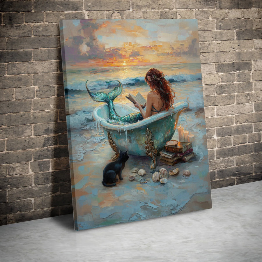 Mermaid Reading Book Canvas Wall Art | Whimsical Bathtub Beach Scene | Premium 1.25 Inch Gallery Wrap | Coastal Home Decor Gift for Book Lovers