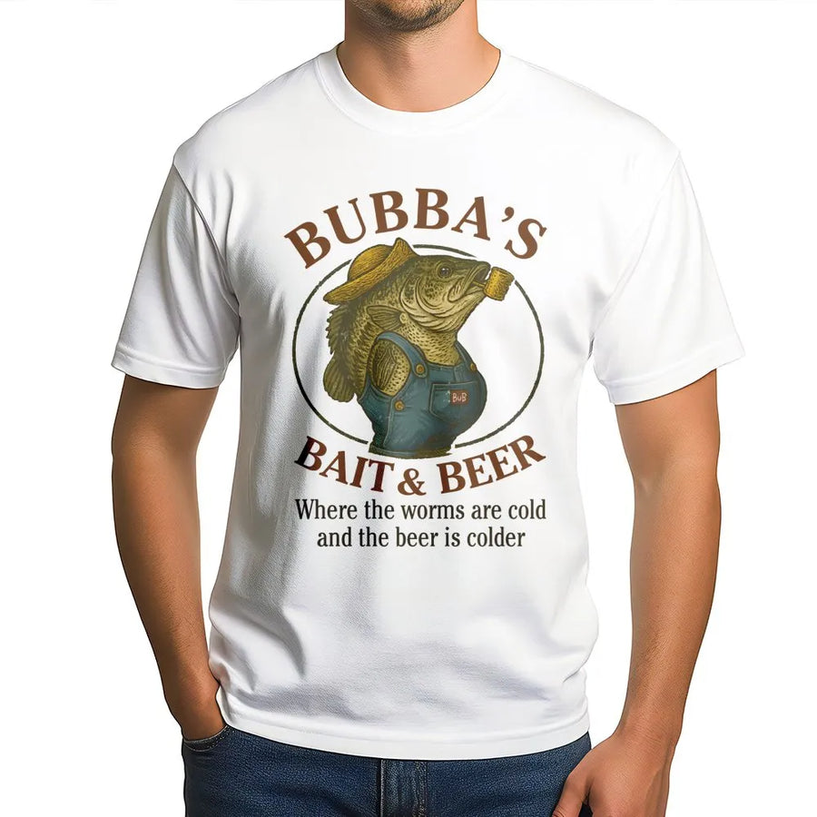 Bubba's Bait & Beer T-Shirt | Funny Fishing Graphic Tee | Premium Cotton Casual Wear | Great Gift for Fishermen, Outdoorsmen & Beer Lovers