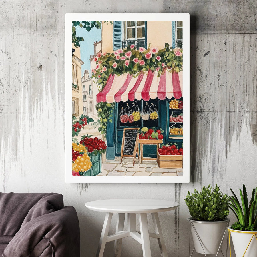 Parisian Fruit Stand Canvas Art | Watercolor Street Market Scene | Premium Gallery Wrap Print | French Country Kitchen Home Decor