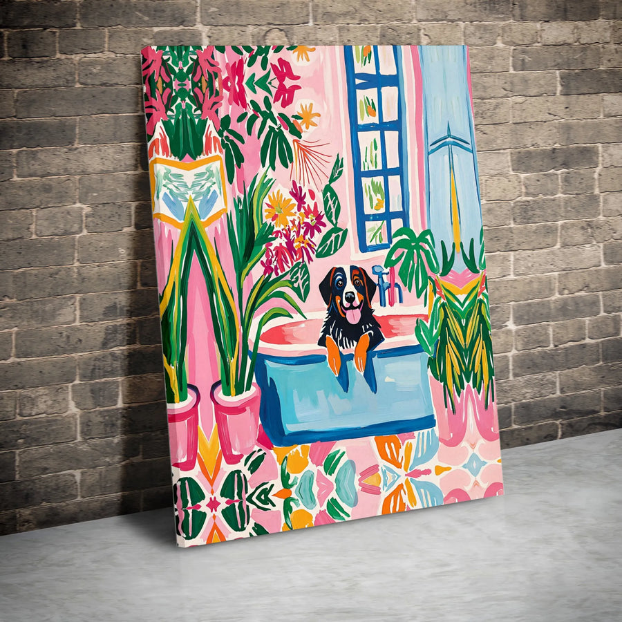 Bernese Mountain Dog Canvas Art | Colorful Floral Bathroom Portrait | Gallery Quality 1.25" Wrapped Print | Dog Lover Home Decor Gift