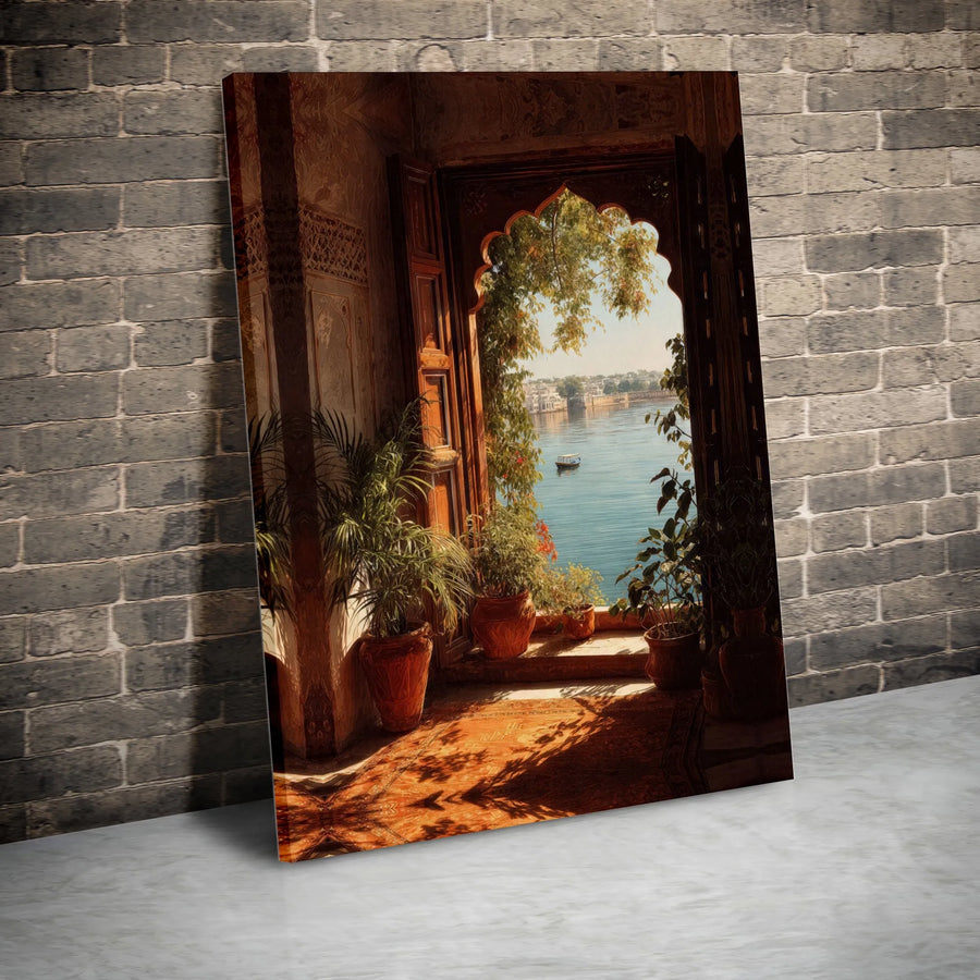 Indian Palace View Canvas Print | Ornate Archway Overlooking Water | Premium Canvas Wall Art | Gift for Traveler & Living Room Decor