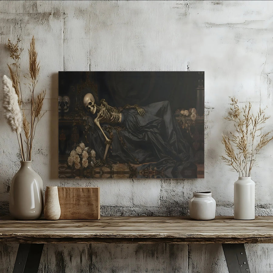 Gothic Skeleton Canvas Art | Reclining Skeleton with Roses Painting | Premium Gallery Wrapped Canvas | Dark Academia Home Decor Gift