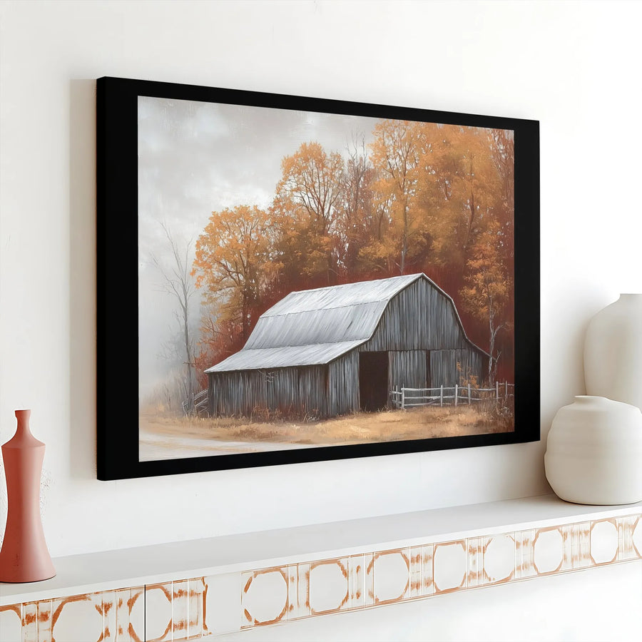 Rustic Barn Wall Art | Foggy Autumn Landscape Canvas Print | Premium Gallery Wrap Decor | Farmhouse Living Room Wall Decor
