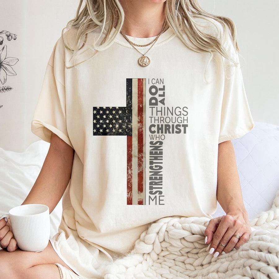 I Can Do All Things Through Christ T-Shirt | Patriotic American Flag Cross Design | Premium 100% Cotton | Religious Gift for Men and Women