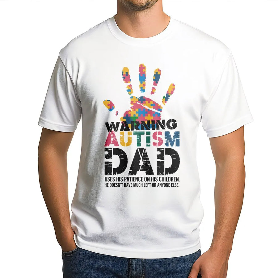 Autism Dad T-Shirt | Warning Puzzle Handprint Graphic | Premium Cotton Tee | Special Needs Parent Awareness Gift