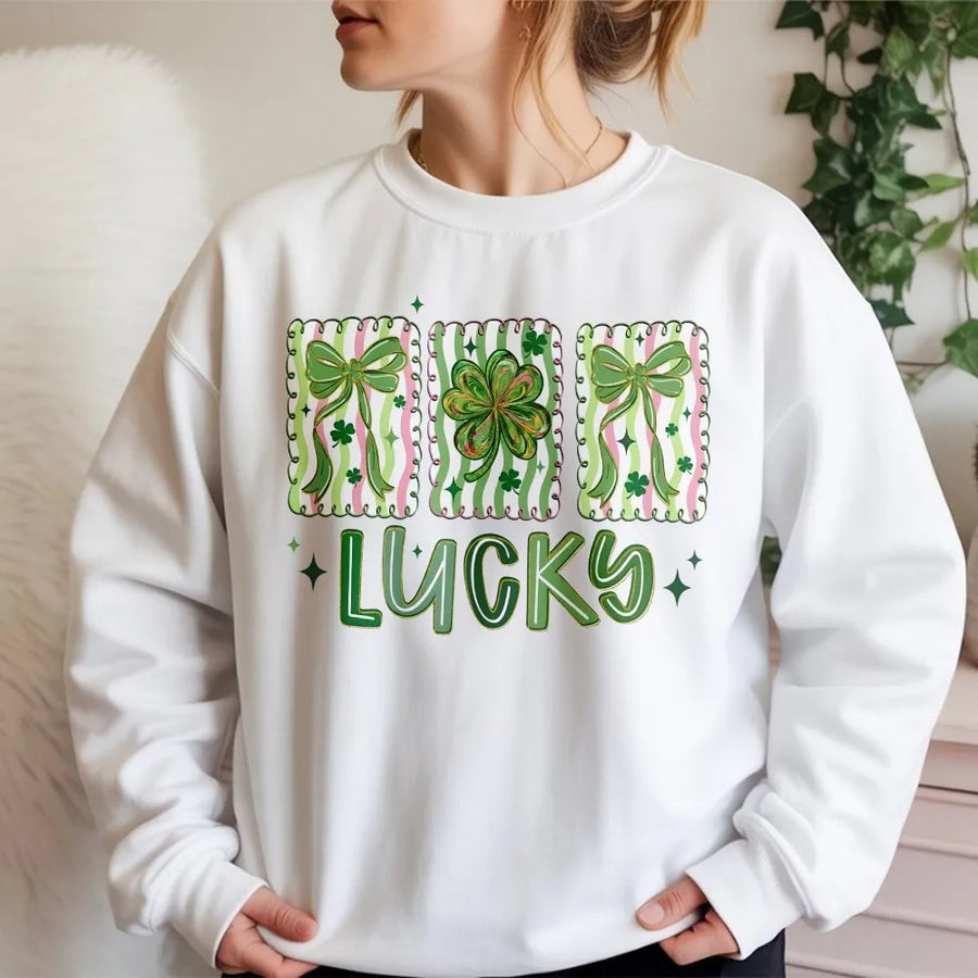 Lucky Shamrock Sweatshirt | St. Patrick’s Day Bow Aesthetic Design | Premium Cotton Blend | Cute Irish Clover Gift for Her