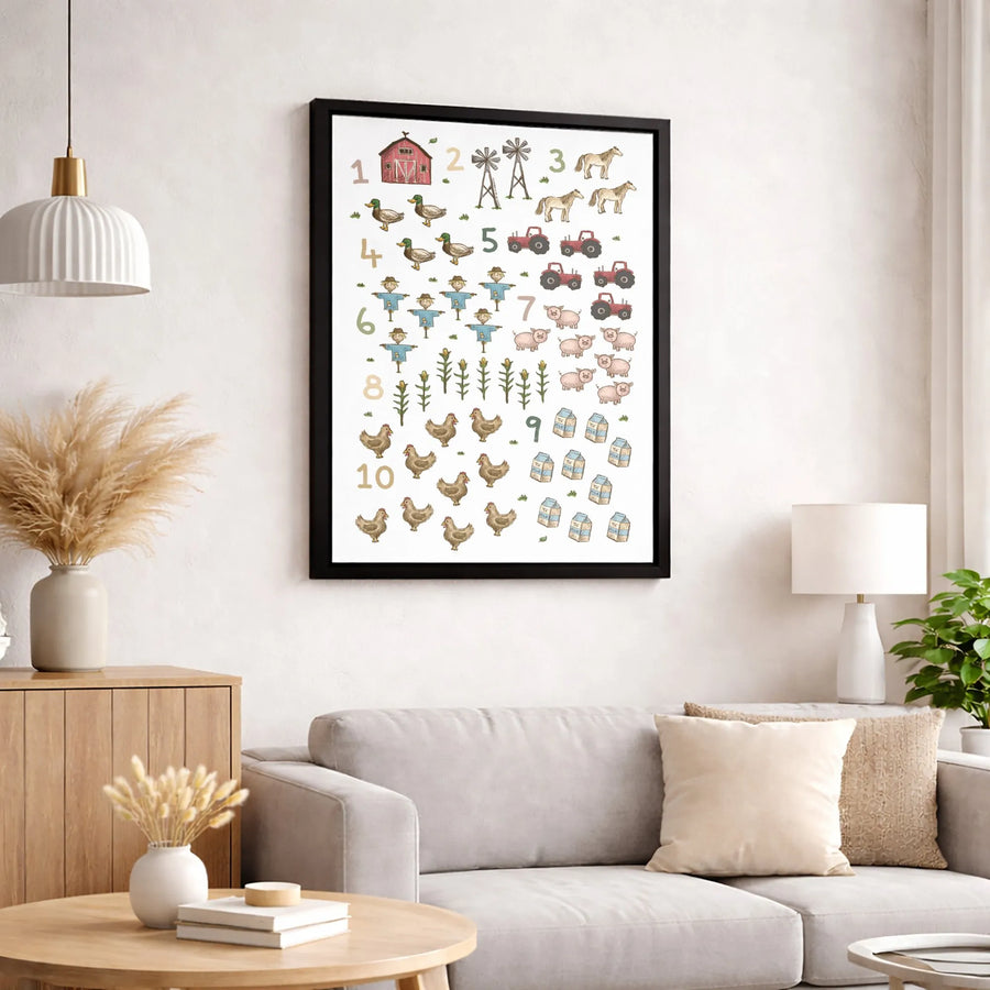 Farm Animal Numbers Canvas Print | Educational 1-10 Counting Wall Art | Premium Gallery-Wrapped Nursery Decor | Kids Room Gift