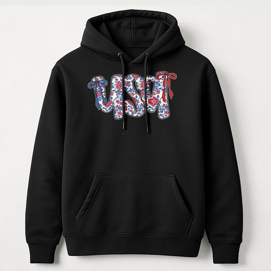 USA Floral Coquette Bow Hoodie | Patriotic America Graphic Print | Cotton-Blend Comfort | 4th of July Independence Day Gift for Women