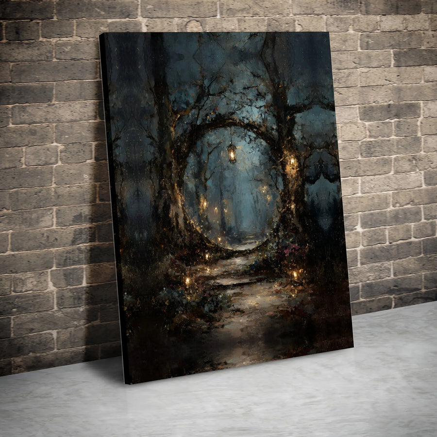 Enchanted Forest Canvas Wall Art | Moody Landscape with Magic Tree Portal | Premium Gallery Canvas Print | Gift for Fantasy Lover, Dark Academia Room Decor