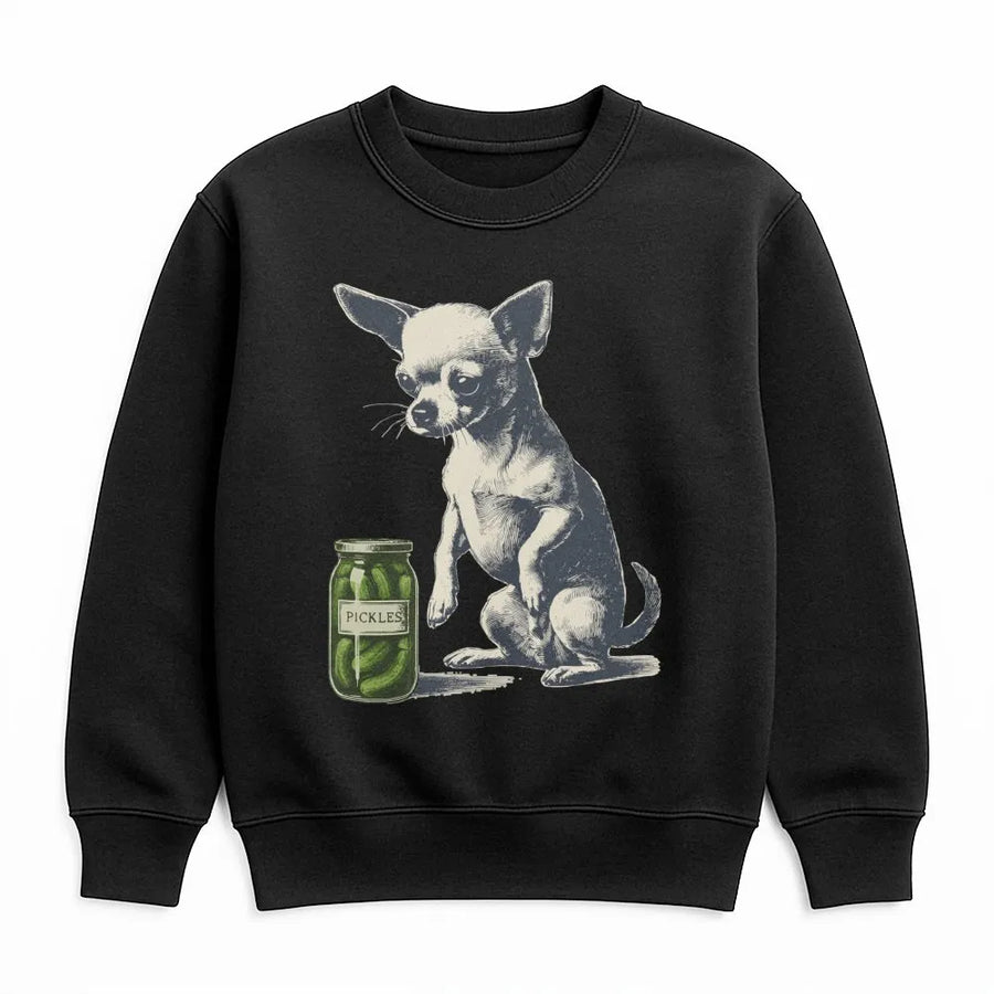 Chihuahua With Pickle Jar Sweatshirt | Quirky Dog Lover Graphic Print | Premium Cotton Blend | Funny Pet Owner Gift For Her Him