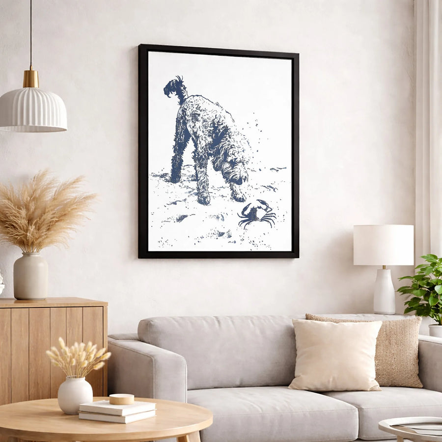 Doodle Dog Beach Canvas Wall Art | Sketch Style Crab Encounter | Premium Gallery Wrap Print | Coastal Home Decor Gift for Dog Lovers