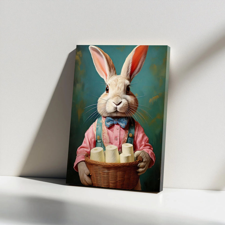 Funny Rabbit Toilet Paper Canvas Wall Art | Vintage Animal Portrait with Bow Tie | Premium Gallery Wrap Canvas | Quirky Bathroom Decor Housewarming Gift