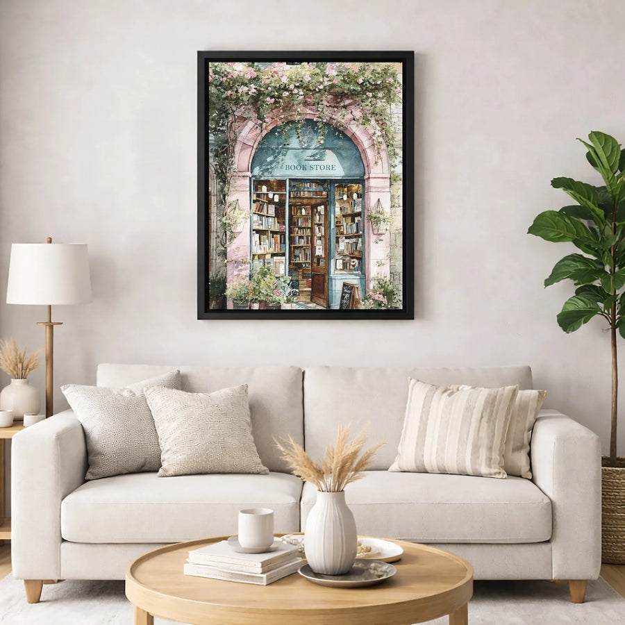 Bookstore Watercolor Canvas Print | Charming Floral Shop Wall Art | Premium Gallery Wrapped | Librarian Gift Home Decor