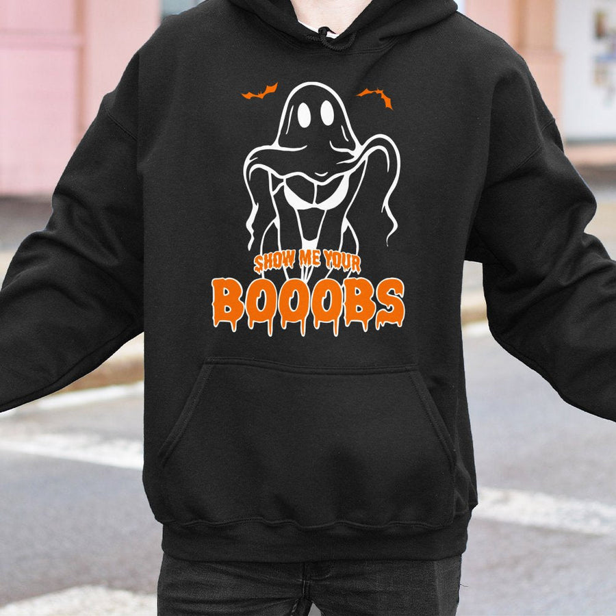 Show Me Your Booobs Halloween Hoodie | Funny Ghost Pun Graphic Pullover | Soft Cotton-Poly Blend | Unisex Gift For Halloween Party Lovers