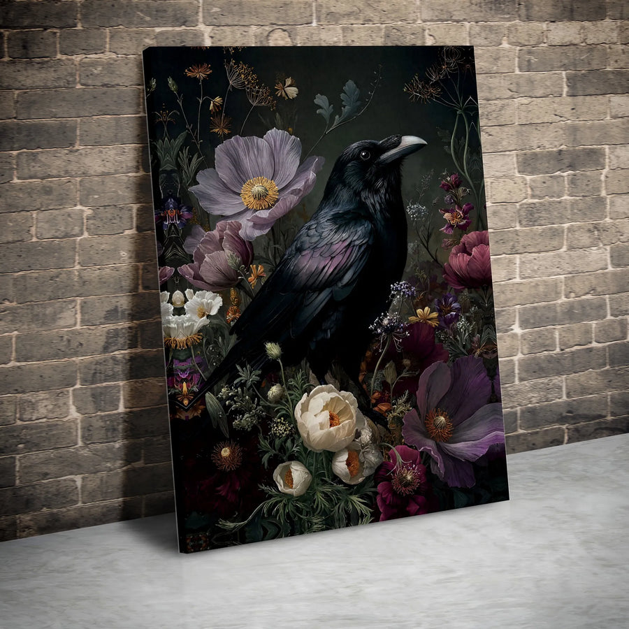 Dark Academia Raven Canvas Wall Art | Moody Floral Botanical Print | Premium Gallery-Wrapped 1.25" Profile | Gothic Home Decor Gift