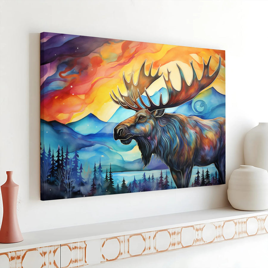 Abstract Moose Canvas Wall Art | Colorful Mountain Forest Sunset Print | Premium 1.25-Inch Gallery Wrap | Wildlife Nature Home Decor Gift