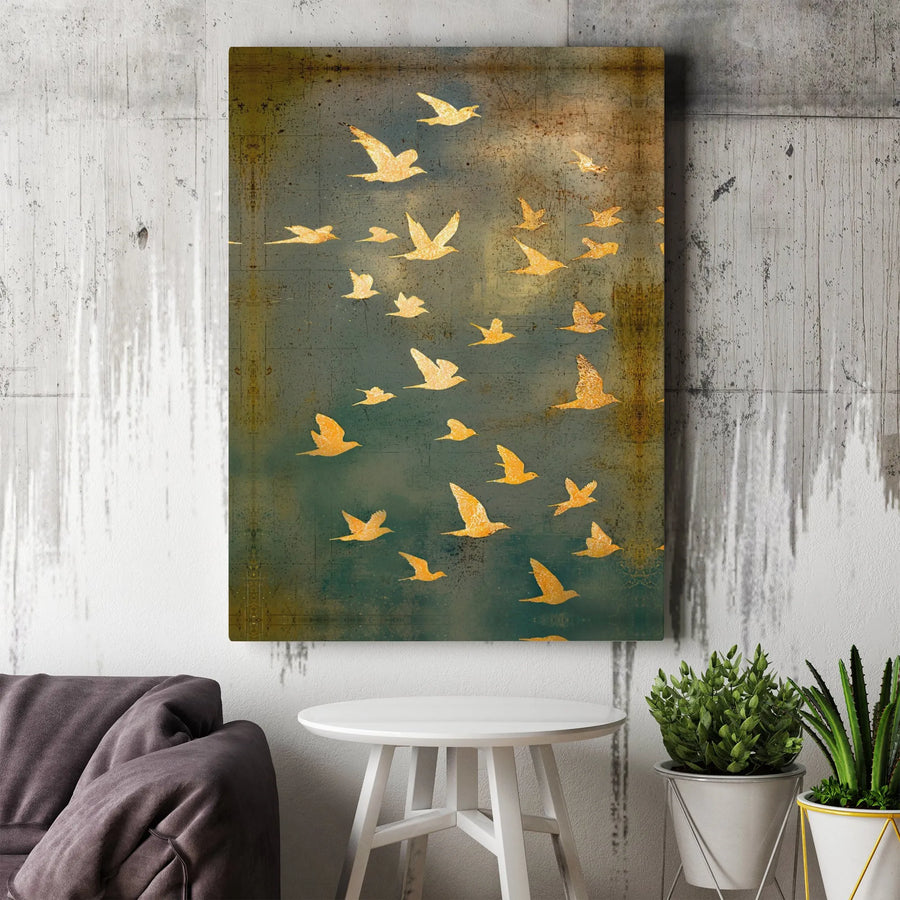 Golden Birds Wall Art Canvas | Rustic Teal Abstract Flock Design | Premium Gallery Wrap 1.25 Inch Print | Sophisticated Home Decor Gift
