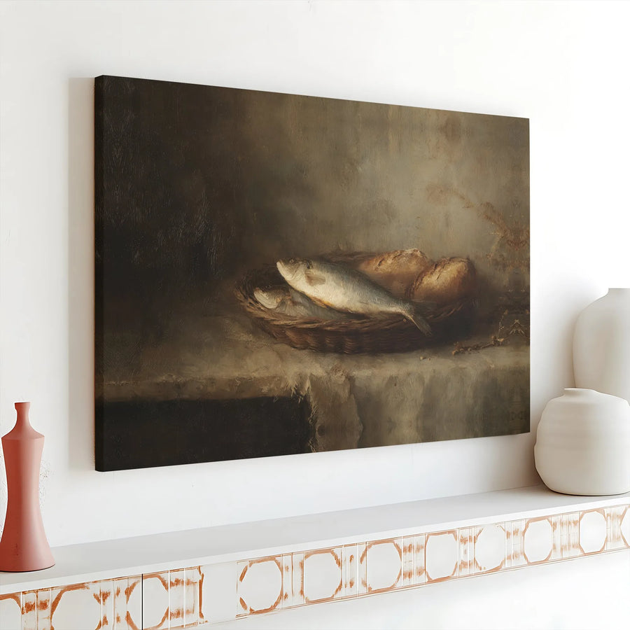 Fish and Loaves Wall Art | Vintage Religious Painting Print | Premium Canvas Decor | Christian Home Decor Gift for Kitchen