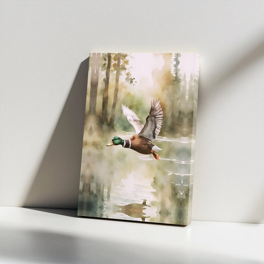 Flying Mallard Duck Canvas Wall Art | Watercolor Wildlife Painting | Premium Thick Gallery Canvas | Gift for Hunter, Rustic Cabin Decor