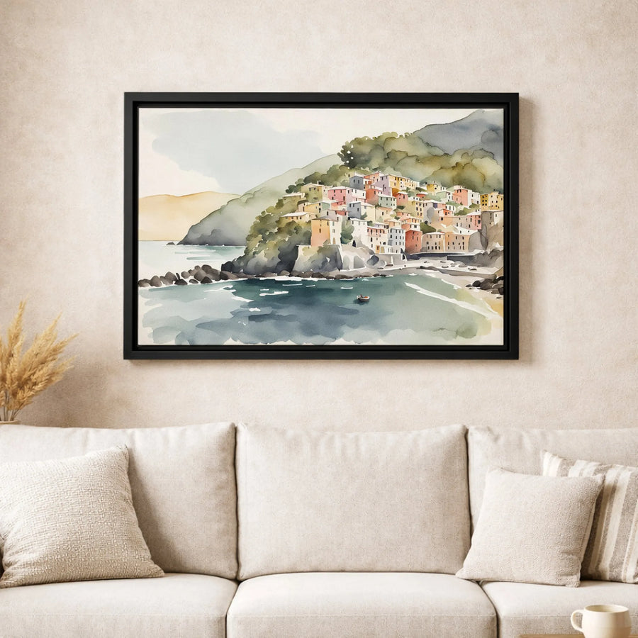 Italian Coastal Village Canvas Print | Watercolor Mediterranean Seaside Landscape | Premium Gallery Wrapped Wall Art | Coastal Home Decor Gift