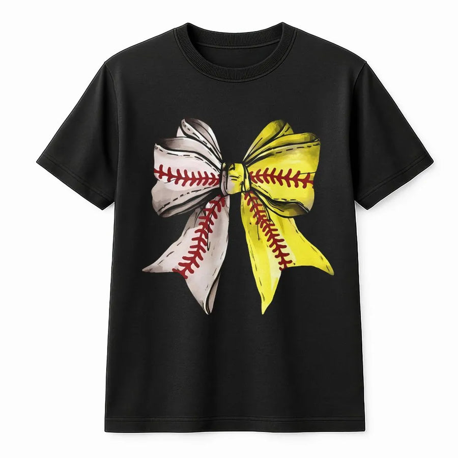 Baseball Softball Bow T-Shirt | Trendy Coquette Aesthetic Graphic | Premium Soft Cotton | Cute Game Day Gift For Softball Mom Player