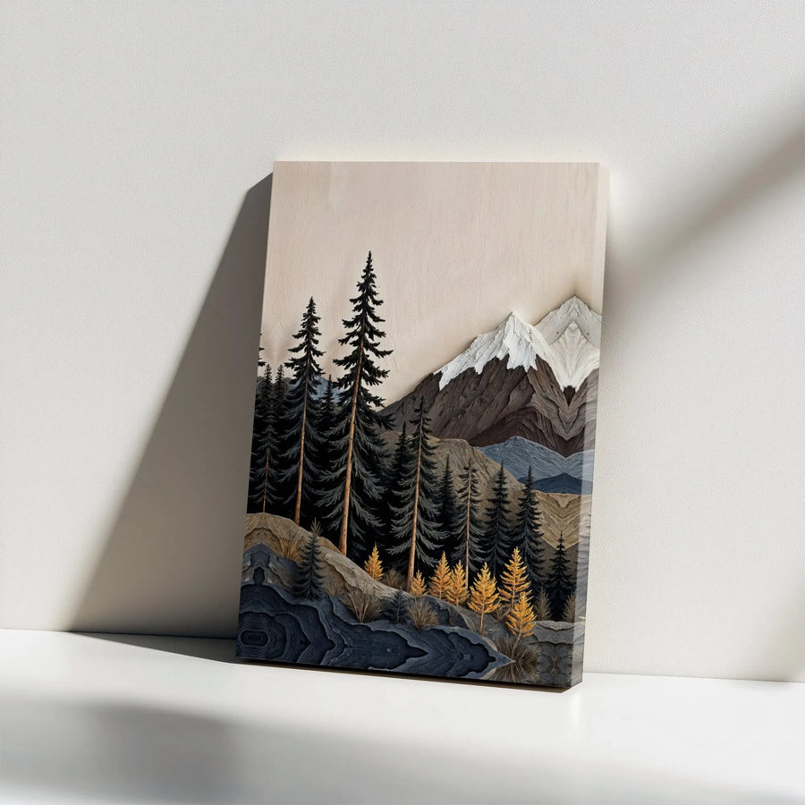 Mountain Forest Landscape Canvas Art | Textured Woodcut Nature Scene | Premium Gallery Wrap Wall Decor | Rustic Modern Cabin Home Gift