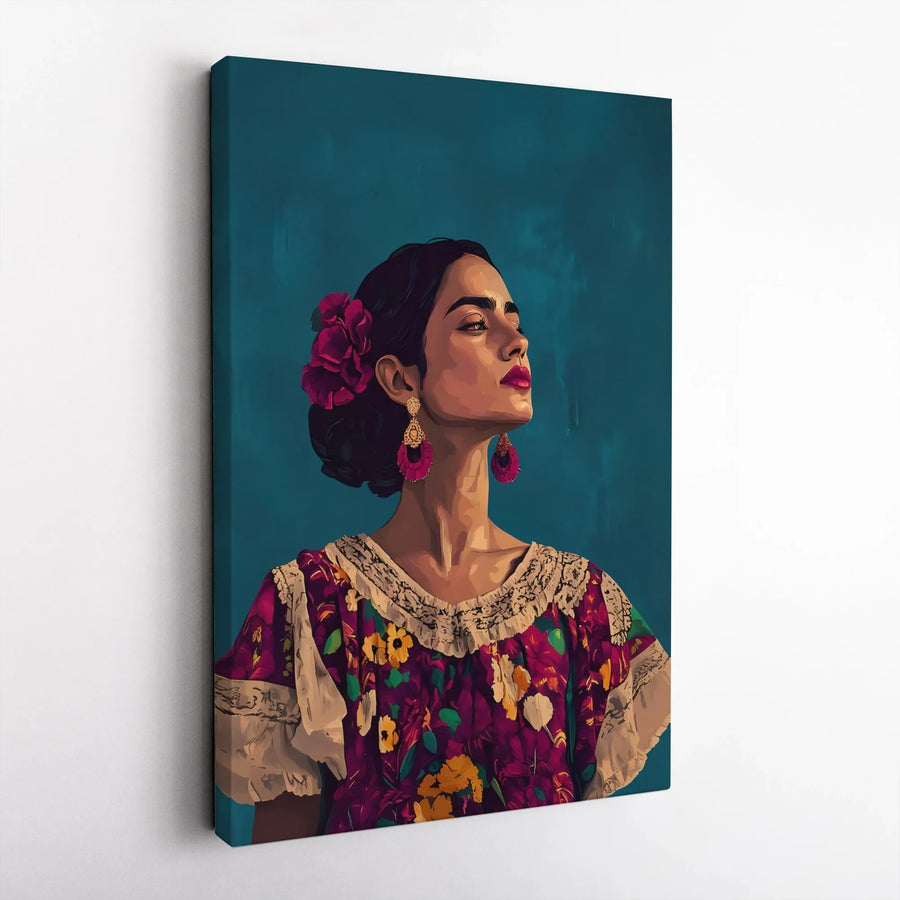 Latina Woman Canvas Wall Art | Traditional Floral Dress Portrait | Premium Gallery Wrap Print | Cultural Home Decor Gift