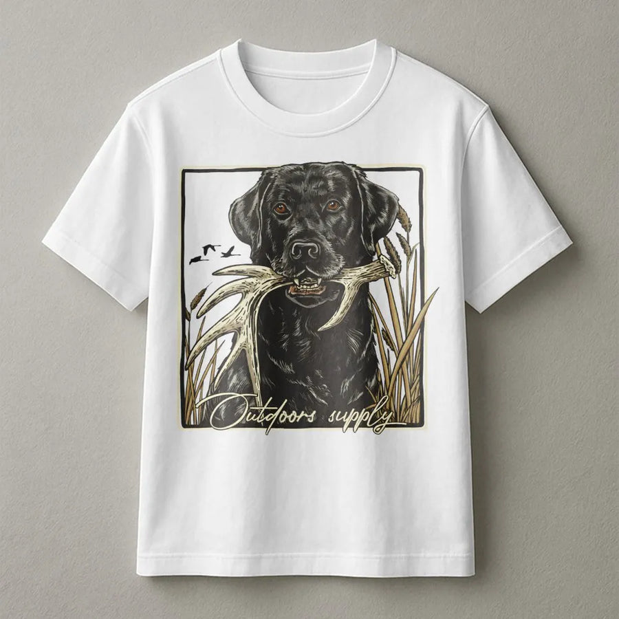 Black Labrador T-Shirt | Hunting Dog With Antler Graphic | Premium Cotton Outdoors Tee | Gift For Hunters And Wildlife Lovers