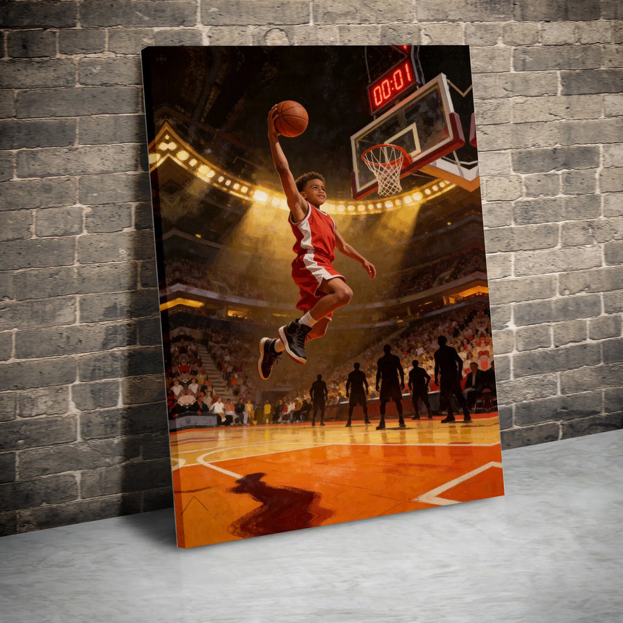 Basketball Slam Dunk Canvas Wall Art | Inspirational Game Winning Shot | Premium Gallery Wrap | Gift for Young Basketball Player