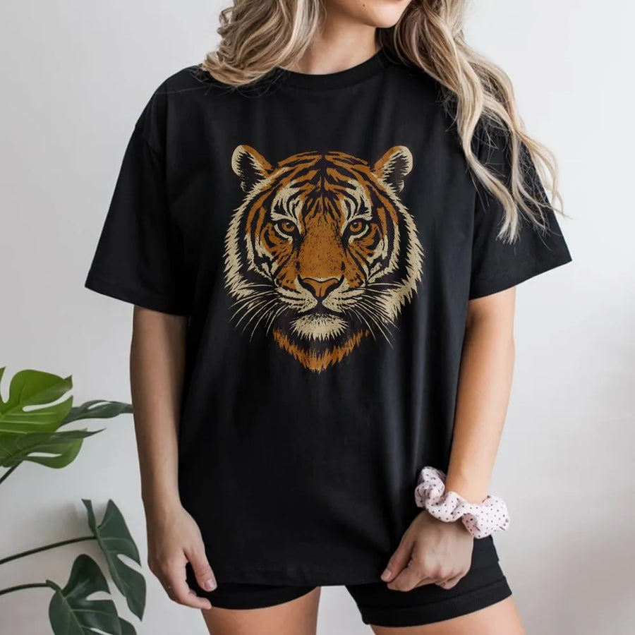 Vintage Tiger T-Shirt | Retro 90s Graphic Wild Cat Face | Premium Cotton Blend | Jungle Animal Lover Gift