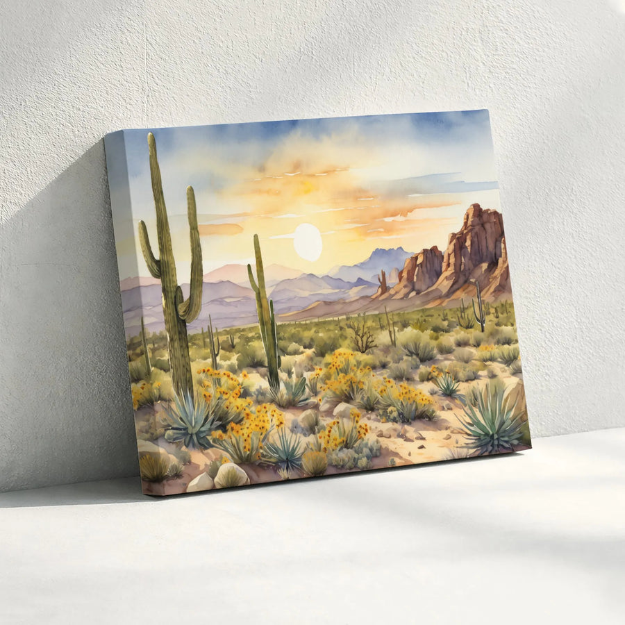 Arizona Desert Sunset Canvas Art | Watercolor Saguaro Cactus Wall Decor | Premium 1.25 Inch Gallery Wrap | Southwestern Home Decor Gift