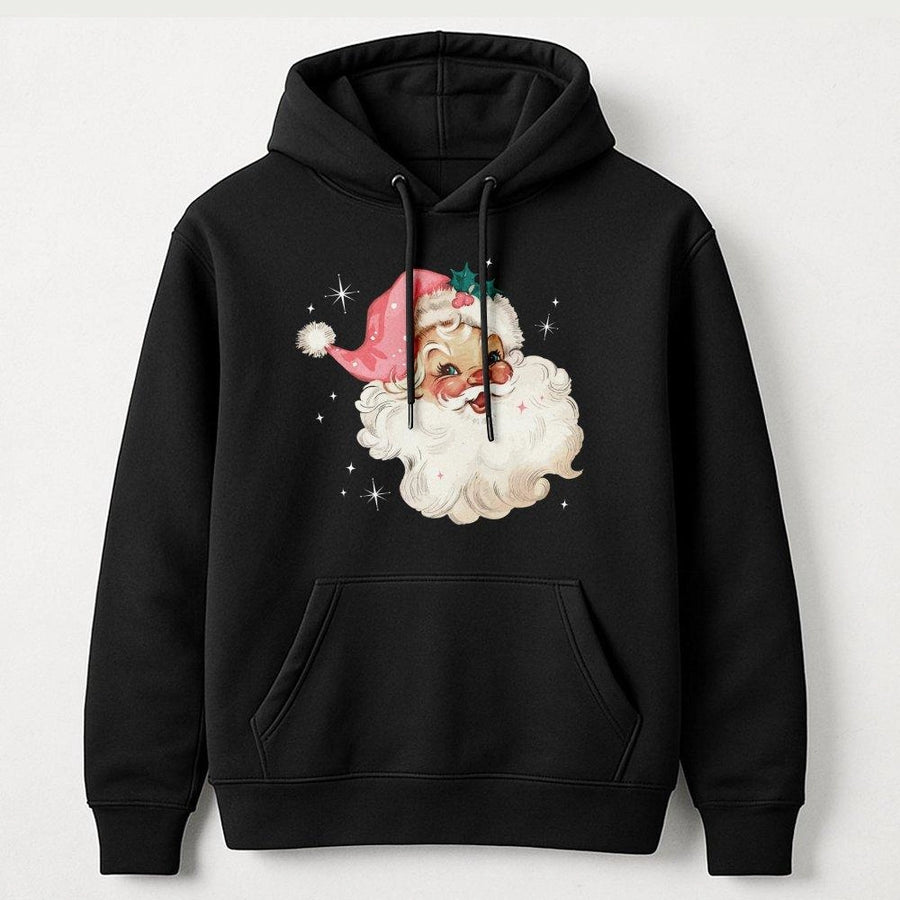 Retro Santa Hoodie | Pink Christmas Hat Vintage Graphic | Premium Cotton Blend | Holiday Gift for Women and Men