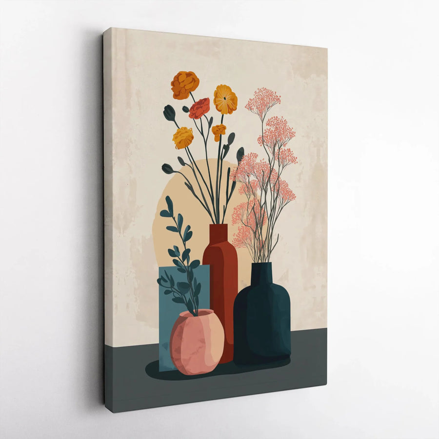Boho Floral Canvas Wall Art | Mid Century Modern Still Life Vases | Premium Gallery Wrapped Decor | Aesthetic Home Office Gift