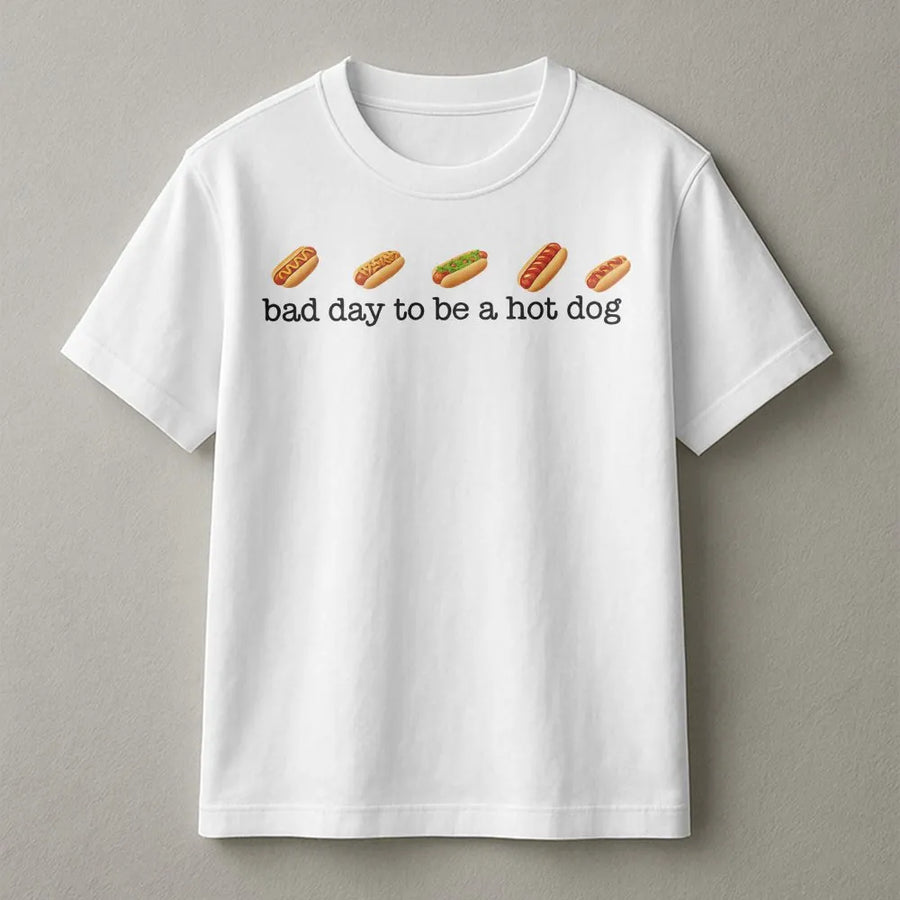 Funny Hot Dog T-Shirt | 'Bad Day To Be A Hot Dog' Retro Graphic | Soft Cotton-Poly Blend | Unique 4th of July Cookout Gift for Foodies