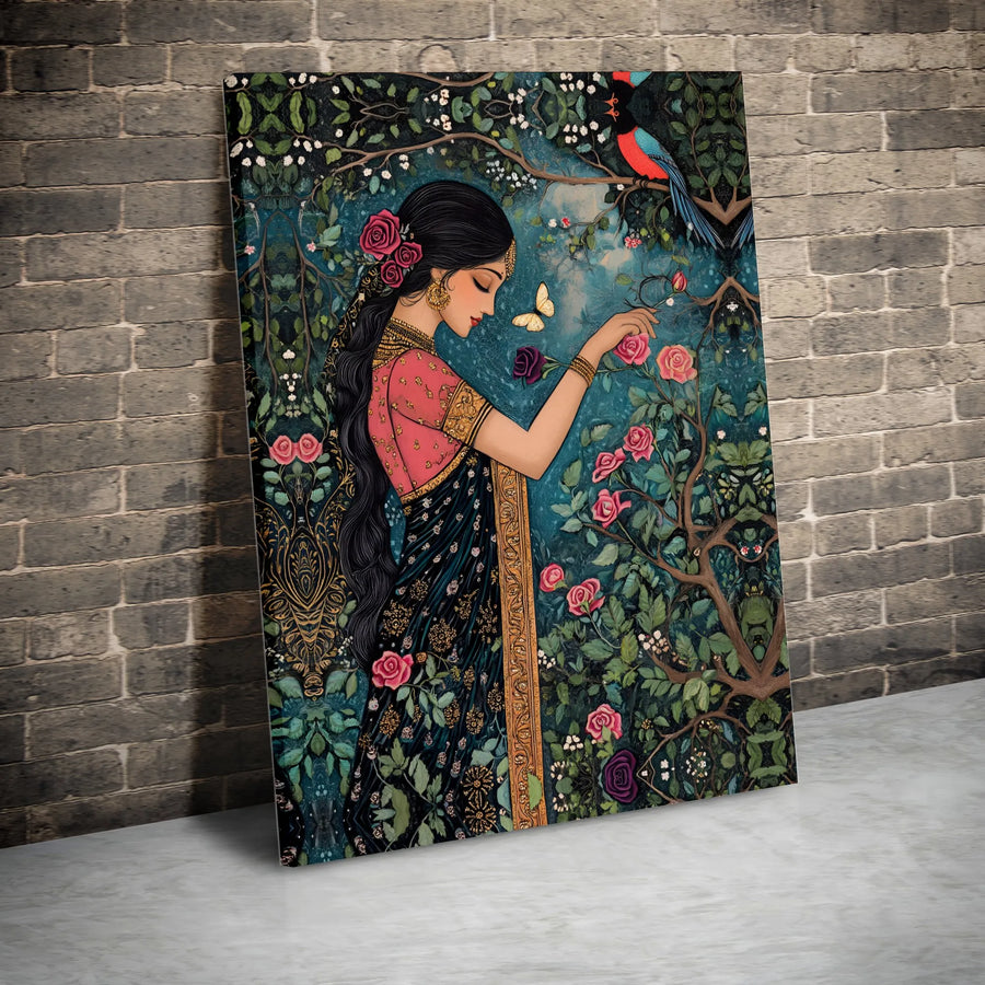 Indian Saree Portrait Vertical Canvas | Woman in Rose Garden with Peacock Art | Premium 1.25 Inch Frameless Gallery Wrap | Exotic Botanical Cultural Wall Decor Gift
