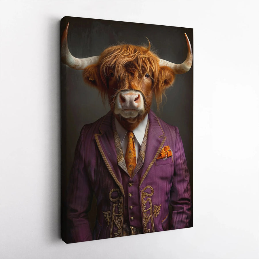 Highland Cow Wall Art | Gentleman Cattle In Purple Suit | Gallery Wrapped Canvas | Whimsical Animal Portrait Home Decor Gift