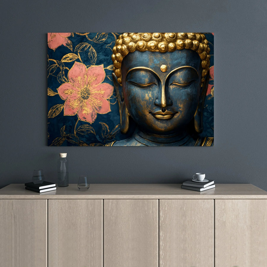 Buddha Canvas Wall Art | Blue and Gold Floral Zen Design | 1.25-Inch Gallery Wrap | Premium Spiritual Home Decor Gift