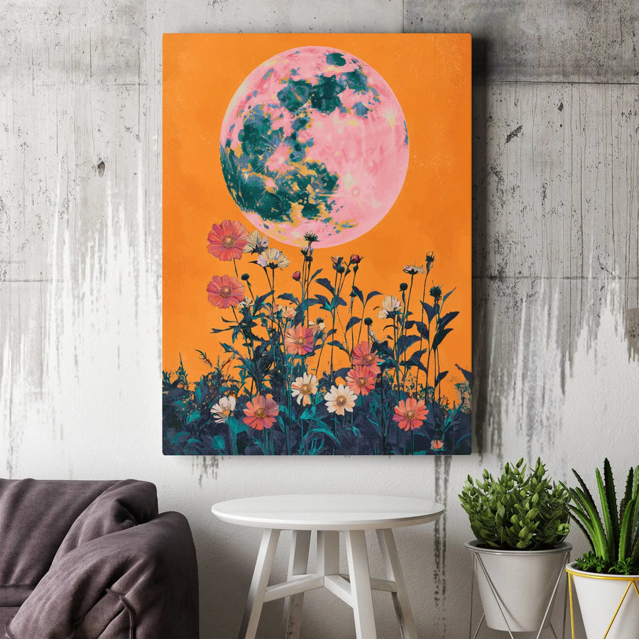 Pink Moon Wildflower Wall Art | Psychedelic Celestial Botanical Print | Gallery Wrapped 1.25 Inch Canvas | Boho Home Decor Gift for Her