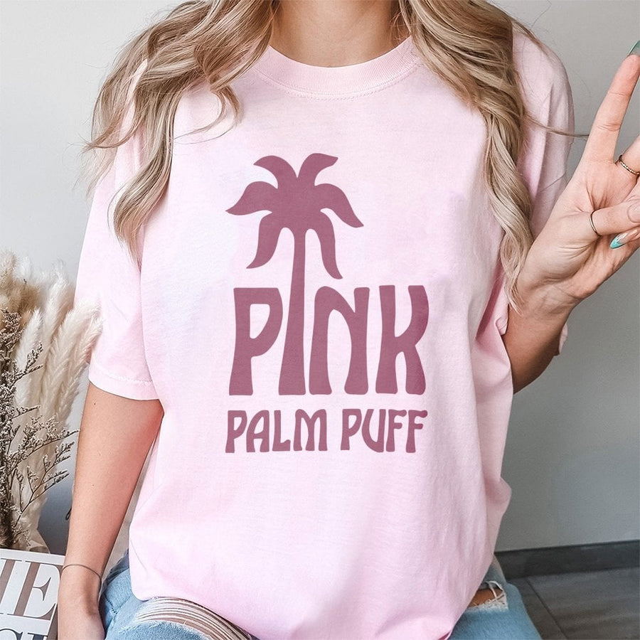 Pink Palm Puff T-Shirt | Retro Tropical Beach Aesthetic Graphic | Premium 100% Cotton Tee | Trendy Unisex Summer Gift For Beach Lovers
