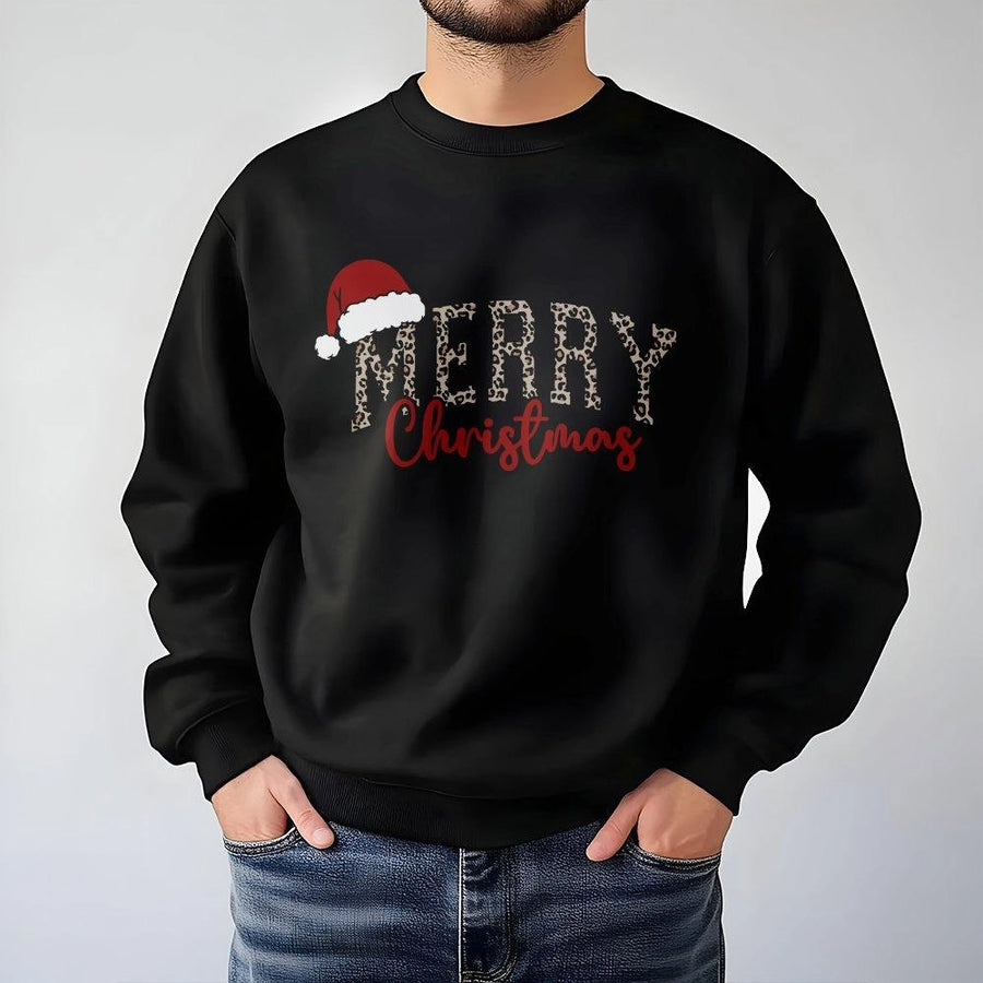 Merry Christmas Leopard Print Sweatshirt | Retro Festive Santa Hat Graphic | Premium Cotton Blend Cozy Holiday Apparel | Cute Christmas Gift For Her