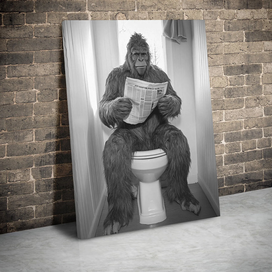 Bigfoot Bathroom Wall Art | Funny Sasquatch Reading Newspaper | Premium Gallery Wrap Canvas | Unique Gag Gift for Men
