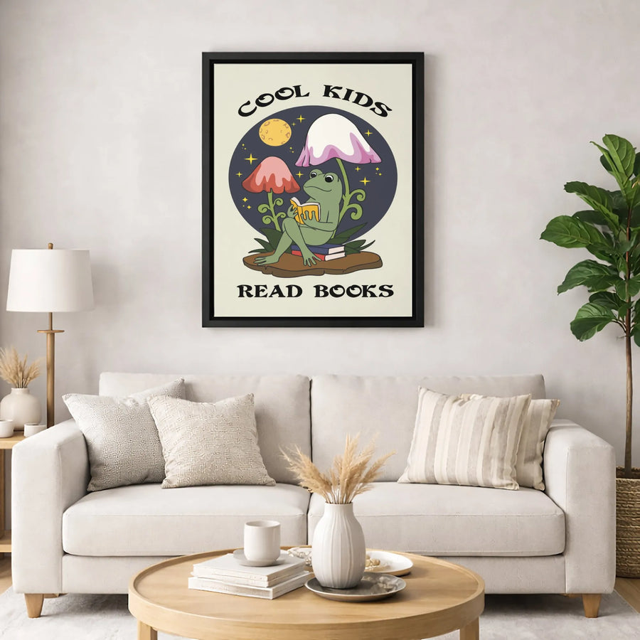 Cool Kids Read Books Frog Canvas Print | Cottagecore Mushroom Aesthetic Wall Art | Premium Gallery-Wrapped Canvas | Whimsical Library Decor Gift