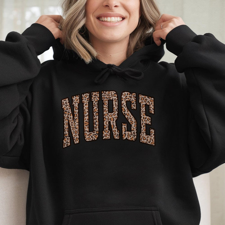 Nurse Hoodie | Leopard Print Varsity Letter Design | Soft Cotton-Poly Blend | Premium Gift for Nursing Students and RNs