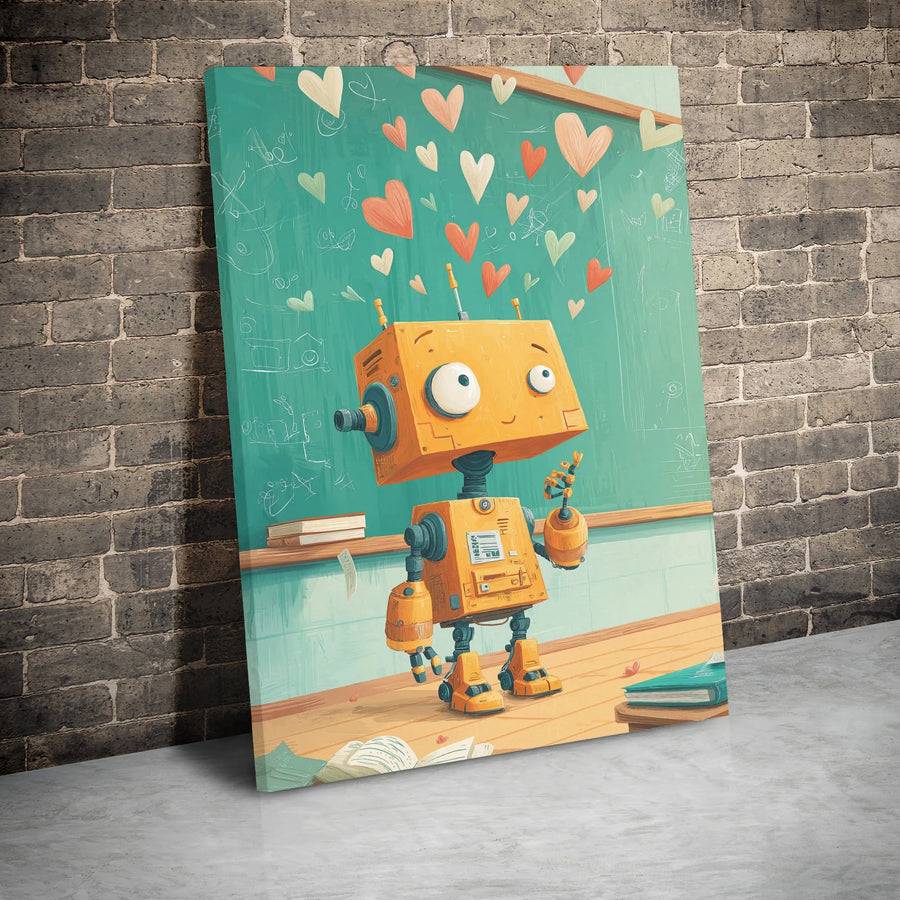 Cute Robot Canvas Wall Art | Whimsical Classroom Heart Illustration | Premium Gallery-Wrapped Print | Perfect Kids Room Decor Gift