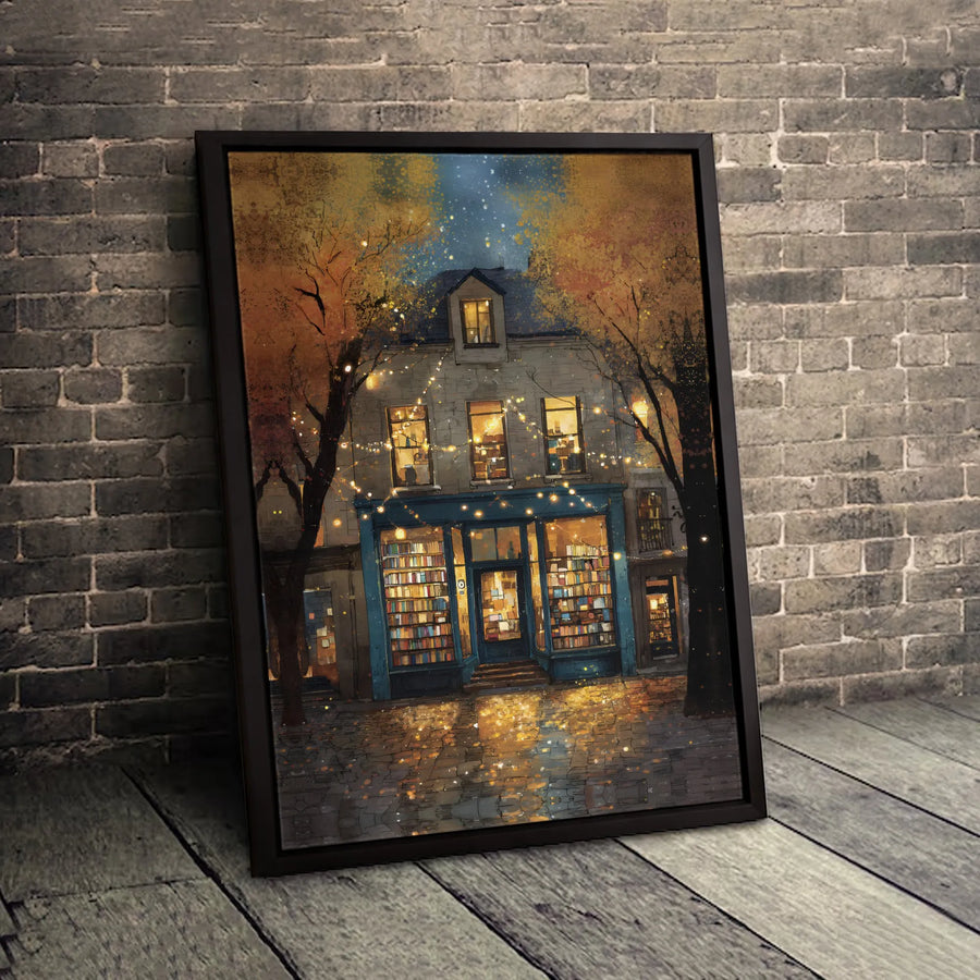 Cozy Bookstore Canvas Print | Whimsical Autumn Night Library Art | Gallery Wrapped Premium Canvas | Literary Home Decor for Book Lovers Gift