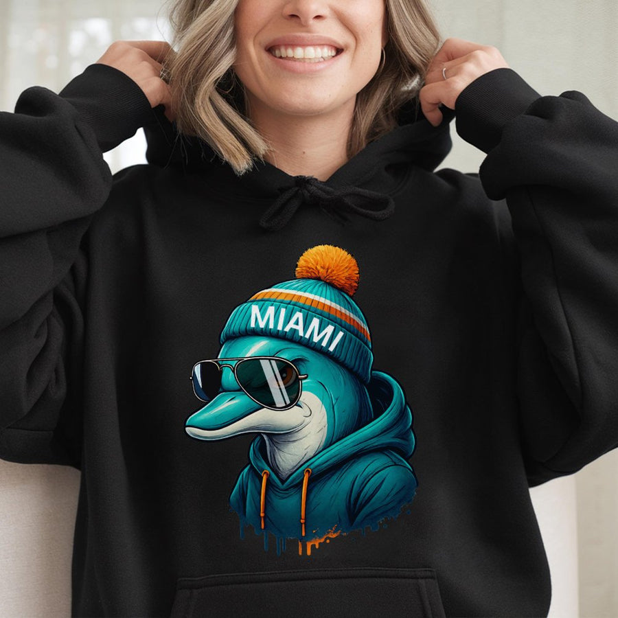 Miami Dolphin Wearing Sunglasses, Beanie, And Hoodie